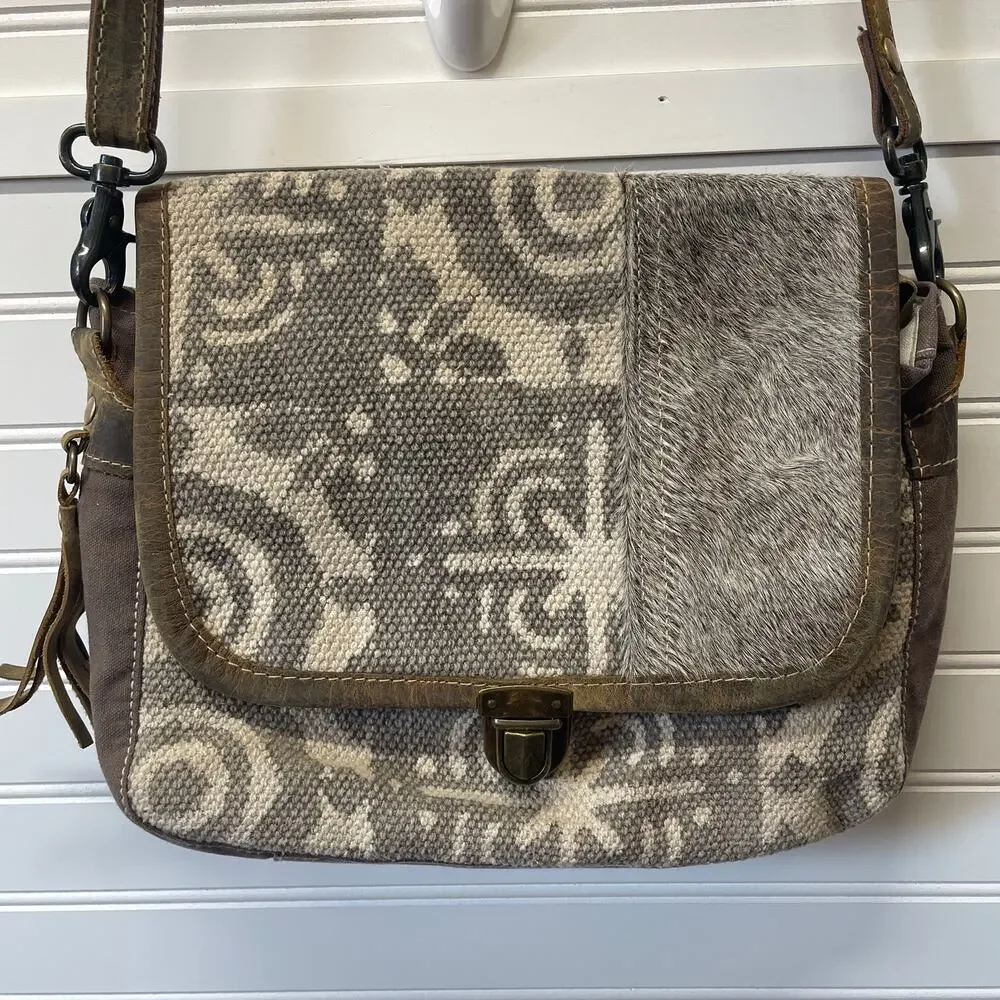 Myra Bag Canvas & Cow Hair/Hide Flap Front w/Clasp Closure
